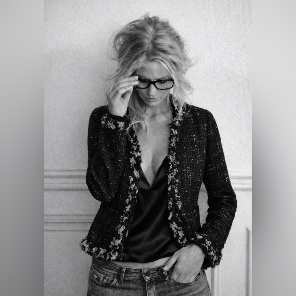 Chic Nipon Black/White Plaid Tweed Jacket with Silk Fringe Trim
